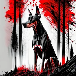 Doberman dog sitting, front view, full body, ink lineart red white black pointy ears trees, front view