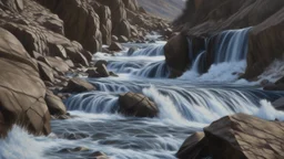 A detailed oil painting of a rapid waterfall, a flow through a narrow canyon, where snow-covered mountains meet with the blue sky. The river, filled with splashes of water, glides quickly and is a visually striking contrast to the rough, jagged rocks and dark brown dirt. The focus is on the intricate details of the curves and flows, leaving the viewer with a sense of motion.
