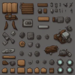 Sprite sheet, Wood, Nails, Metal scrap, cloth, electronics, gears, icons, survival game, gray background, comic book,