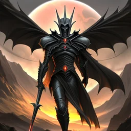 Sauron, the mighty lord of darkness, standing on a rock in the dark land of Mordor, a super-hero man of infinite power and technology of the galactic race, with a great army, a large moon disk behind him, and a fiery sword in his hand