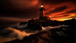 A moody and atmospheric photo of an ancient lighthouse standing tall on a rugged coastline. The lighthouse, with its weathered stone exterior and worn wooden beams, stands proud amidst the chaos of red waves crashing violently at its base. The sky above is a mix of dark stormy clouds and a brilliant golden sunset, casting dramatic shadows on the rocky shoreline. The overall scene evokes a sense of isolation and mystery, as if the lighthouse is the sole guardian of the treacherous coast.