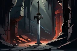 a one-handed European sinister sword in stone with runes on the guard in a hell cave, behind the sword is a gap from a crack.