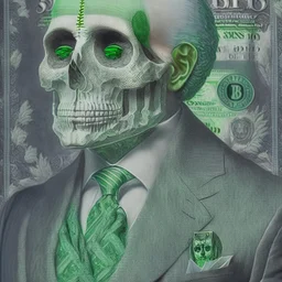 a head and shoulders portrait of a skeleton dressed in a three-piece suit as the president of the united states, based on us currency, united states one dollar bill, shades of green, real-life, colors match the united states one dollar bill, realistic, robotic,