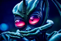 sad Alien, nighttime, Hyper detailed, Realistic, Extreme depth of field, bokeh blur, in the style of candid, imperfection, natural lighting, cinematic, Fuji Film, Anamorphic lens, 1993,