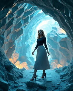 make a picture pretty cave made of crystal diamond 3d fractal recursive cubic and sphere base structures and a beautiful fashion model lady with cute,with dark cyan decholte top and pretty pleated midi skirt,siver she walks in cave ,dynamic camera zoom to full body and fallow her inside cave dynamic lights.