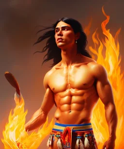 native american warrior, long black hair, dancing on top of fire, big muscles, loincloth, shirtless, 8k resolution concept art portrait by Greg Rutkowski