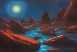 Rocks, night, 2000's sci-fi movies influence, otto pippel impressionism painting