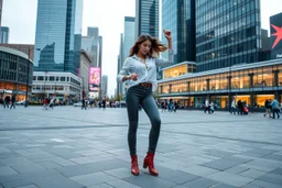 modern city a wide cross square a beautiful lady in nice pants and shirt pretty boots hip hop dancing city scape in background