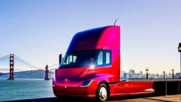 A Tesla semi-truck is parked, over the 'Pier 39', in San Francisco. CINEMATIC. WIDE ANGLE LENS.