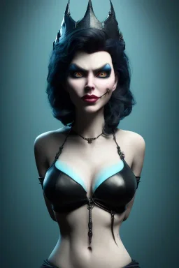 Lene Nystrøm as evil queen in black leather, busty, cleavage, voluptuous, Aqua Lene, angry, stern look. character design by cory loftis, fenghua zhong, ryohei hase, ismail inceoglu and ruan jia. unreal engine 5, artistic lighting, highly detailed, photorealistic, fantasy