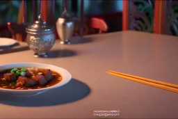 Photographie gastronomique d'un menu asiatique traditionnel: potage, des ha kao, des nouilles sautées au bœuf saté., fruits et légumes exotiques, Belle table de restaurant, vaisselle est en porcelaine de Chine et en argent, Éclairage parfait, reflets discrets, proportions réels, instagramable, photo de une de magazines, majestueux, royal, magnifique, 8k, hdr, cinema 4d, rendu octane, unreal engine 5