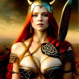 portrait 'beautiful Sexy busty Redhead Sif',Braids,horned helmet, celtic tattoed,painting by gaston bussiere, greg rutkowski, yoji shinkawa, yoshitaka amano, tsutomu nihei, donato giancola, tim hildebrandt, oil on canvas, cinematic composition, extreme detail,fit full head inside picture,32k