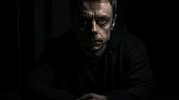 In the photo, we see a man sitting in the dark, looking at the camera with a cold gaze. The man is dressed in black and seems uninterested in what is going on around him.