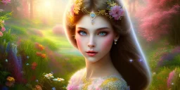 bright fairy, beautiful portrait, flowery landscape