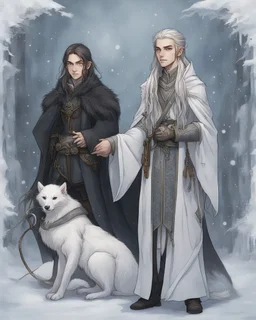 a young High Elf frost Wizard with long wiry hair, wearing a black trimmed white nobleman's robe and frost ornaments on clothes, with a weasel companion