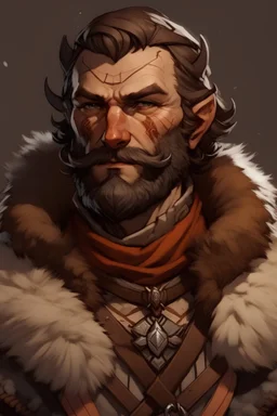 A rugged human barbarian from Dungeons & Dragons with mutton chops, a sly look, and wearing winter clothes.