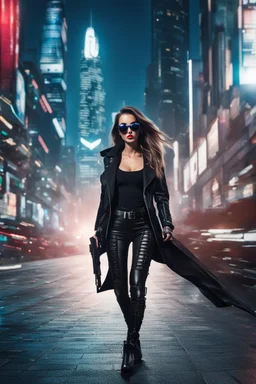 Full body,Half-cyborg beautiful female cyberpunk assassin wearing google sunglasses, black jacket,long hair,walk on night city background