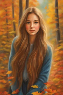 A young girl with long hair and autumn clothes in the autumn forest, beautiful portrait painting style, oil pastel painting, by Thomas Kinkade