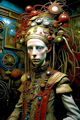 photo by tim walker,loan-blend human-alien biomorphic-animals squid indefinite head extreme wide shot head to toe portrait of weird krofft pufnstuff puppet voodoo cutie doll made of straw human nervous systems, renaissance faire alex grey hyper detailed michael cheval with a playful expression made out of mechanical parts and robot arms; cyborg details, unusual and obscure photograph by františek vobecký of a surreal scene of ghastly men, pop art, clive barker style,300mm f/.8,raw cinem