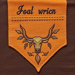 an autumn colored textured cloth embroidered with ornamental leaves and cattle, pointed bottom, on darker textile background, embroidered text across top, western textile art design