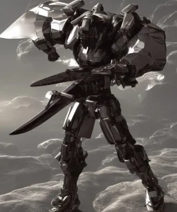 Photorealistic futuristic shiny winged samurai mechwarrior holding large katana on the surface of an alien planet