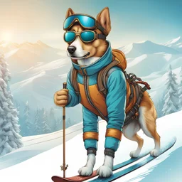 Hermosa ilustración steampunk coloreada arte lineal de un perro antropomorfico con traje de esquiador, esquiando en la nieve, calidad ultra, hiperdetallado,12k