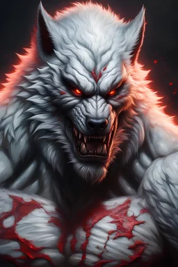 Sabrewulf, White fur, Werewolf, Red eyes, humanoid, muscular, ripped jeans, waist up portrait, oil on canvas, expert, insanely detailed, 4k resolution, cinematic smooth, intricate detail,