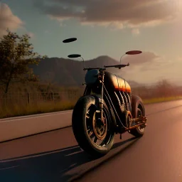 Old motorcycle with wings flying in sundown