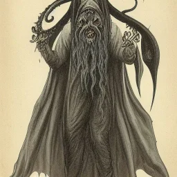 Cthulhu with white skin and a beard made of fleshy tentacles as a Russian Orthodox nosferatu with yellow eyes and vampire fangs and quills on the head