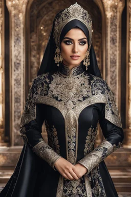 Gorgeous Realistic Photography Super model Iranian as Beautiful Queen hijab girl dressing armor pattern flowers gown luxury black and jewelry,luxury palace background, close-up portrait