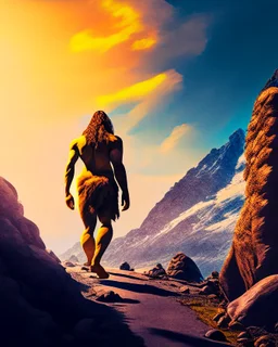 Imagina el hombre de Neandertal caminando por montañas colores complementarios arte digital foto realista obra de arte hiperdetallada intrincada sombras 3D iluminación cinematografica 8k 3D cuerpo completo clima soleado nubes