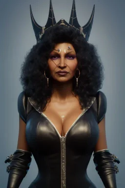 Pam Grier as evil queen in black leather, leather, busty, cleavage, angry, stern look. character design by cory loftis, fenghua zhong, ryohei hase, ismail inceoglu and ruan jia. unreal engine 5, artistic lighting, highly detailed, photorealistic, fantasy