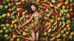 Dramatic dynamic photo of fruit woman in salad dress, Igor Morsky inspired photo in Sophie Delaporte style, beautiful fairy model, volumetric lighting, bright colors, exciting