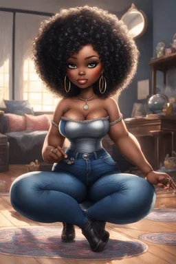 Create a furturism magna art of a black chibi curvy female sitting on the floor looking at herself in a hand mirror. She is wearing tight blue jeans and a black off the shoulder blouse. Prominent make up with lush lashes. Highly detailed tight curly afro. She is also wearing silver large hoop earringsart of a black chibi curvy female sitting on the floor looking at her cell phone. She is wearing tight blue jeans and a black off the shoulder blouse. Prominent make up with lush lashes.