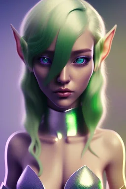 isometric clean art of super cute elf girl with silver hair wearing green and gold, soft lighting, soft pastel gradients, high definition, 3d icon clay render, blender 3d