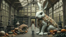 Una enorme sala victoriana abandonada convertida en invernadero, donde una niña adulta de aspecto misterioso —mayor de 21 años— permanece inmóvil junto a un gigantesco conejo blanco mecánico cubierto de pequeñas flores. Alrededor, juguetes antiguos, frutas desproporcionadas, mariposas y objetos simbólicos cuidadosamente dispuestos crean una atmósfera inquietante y enigmática. Estética de pintura figurativa surrealista de acabado extremadamente pulido, composición teatral, paleta pastel apagada c