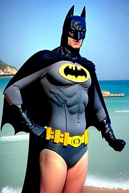 Batman on holiday in the algarve in his batman bikini