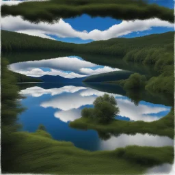 An image of a clear blue sky with fluffy white clouds, reflecting in the calm waters of a serene lake surrounded by lush green trees and mountains in the distance.
