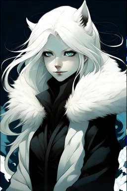 Sandman artstyle, comic artstyle, human, female, white long hair, blue eyes, white fur, black jacket, white fox ears.