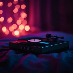 vintage record player on soft fabric surface, ambient bokeh lights in background, grainy texture, moody aesthetic in deep blue, soft purple, and dark gray, minimalist style, cinematic lighting, glowing soft light, square composition, vaporwave tones, no people, no headphones”