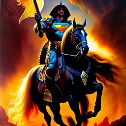 portrait oil on canvas, Death Dealer riding black horse ,shield right arm, axe left arm,comic book cover, mystical colors,insanely detailed,realistic,intrincate detail, 16k resolution, masterpiece,Frank Frazetta,Alex Horley, Simon Bisley,Oscar chichoni