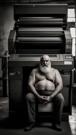 half figure shot photography of an turkish strong massive chubby 50 year old man in opened boxer, manly chest,, short beard, shirtless, printer in an old printing house, next to a huge old printer, dim light, side light, ambient occlusion