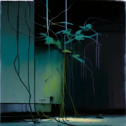 Minimal abstract oil painting of a plant in concrete warehouse brutalist architecture and hanging wires illuminated at night. With triadic colours. In the style of Justin Mortimer and Phil Hale, Ashley Wood