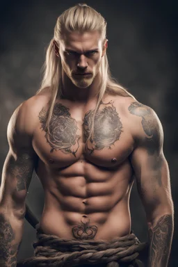 tall and muscular epic warrior man, blonde hair tied in a long braid, bare chest, with tattoos all over his body. With an evil look on his face.