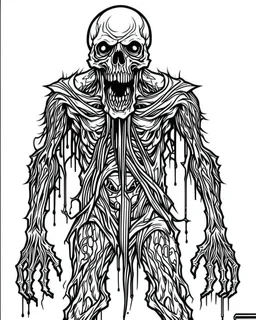 create a 2d black outline, "full body scary psycho monster death coloring book for adults", coloring page, low details design, black contour, coloring page design, coloring page for adults,horror background, black contour and white space beetween contour, same contour,sketch style, horror style, creepy style, minimalist, halloween background,simple, white background