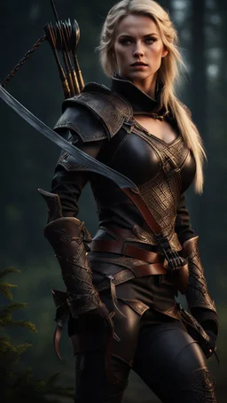 blonde female hunter with a bow wearing leather half armour dark fantasy Realistic 4k