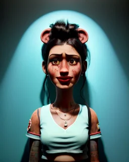 Waist up portrait, hybrid character, waitress British woman with classic muppet mask that covers her entire head and face, Sesame Street style, punk style, short shirt, tray, beer, old school tattoo, hot, smooth, unreal engine 5, god lights, ray tracing, neon, RTX, lumen lighting, ultra detail, volumetric lighting, 3d.