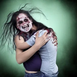 zombie woman hugging human baby