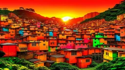 Una ciudad brasileña de favelas coloridas y rascacielos en colinas tropicales al atardecer, en estilo dinámico y contrastado, lenguaje visual de capas sociales y vegetación, materialidad de bloques pintados, concreto y selva urbana, composición vertical ascendente, iluminación cálida dramática, paleta de colores saturados, rosas y naranjas del cielo, atmósfera vibrante, contradictoria y llena de energía.