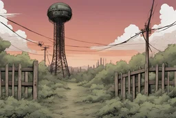 radio tower, overgrown apocalyptic, background, comic book, fence